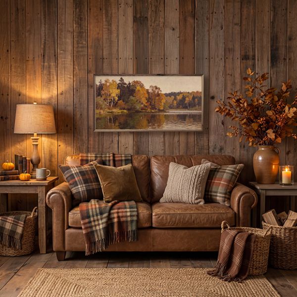 Lancaster Coach Works 木製フレーム ウォールアート Lakeside Timber In Autumn Framed Wall Art | Antique Farmhouse