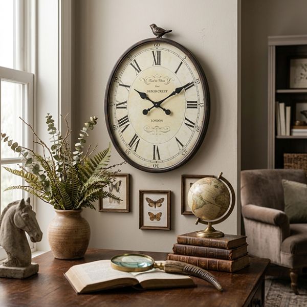 インテリア時計 antique wall clock Metal Wall Clock With Bird Finial | Antique Farmhouse