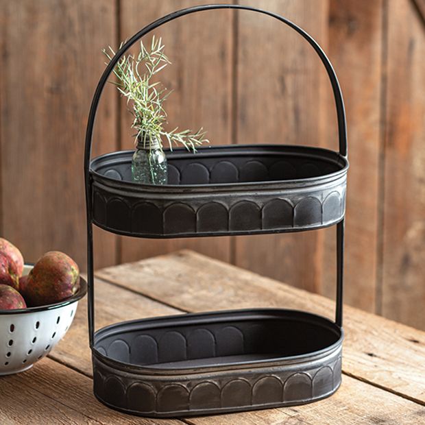 Black Galvanized Metal 2 Tier Oval Tray Stand | Antique Farmhouse