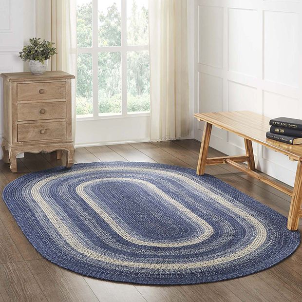 Farmhouse Blues Oval Braided Jute Area Rug With Pad | Antique Farmhouse