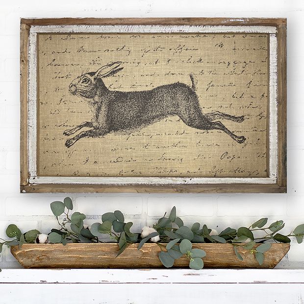 French Country Leaping Rabbit On Burlap | Antique Farmhouse