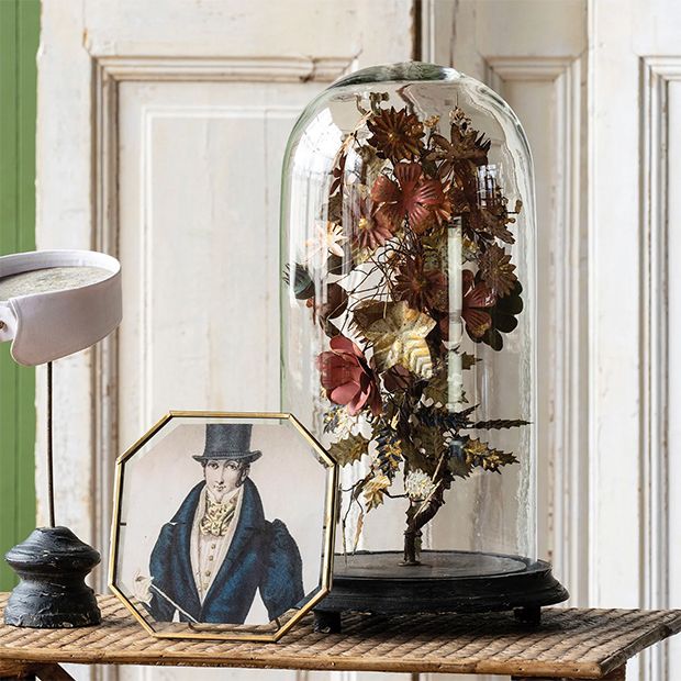 Glass Dome Cloche On Base With Metal Flowers | Antique Farmhouse