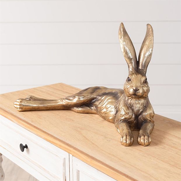 Gold Finish Laying Rabbit Figure | Antique Farmhouse