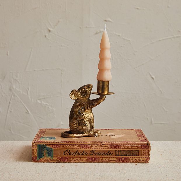 Gold Finish Mouse Taper Candle Holder Set of 2 Antique Farmhouse