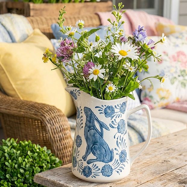 Hand Painted Rabbit And Flowers Pitcher | Antique Farmhouse