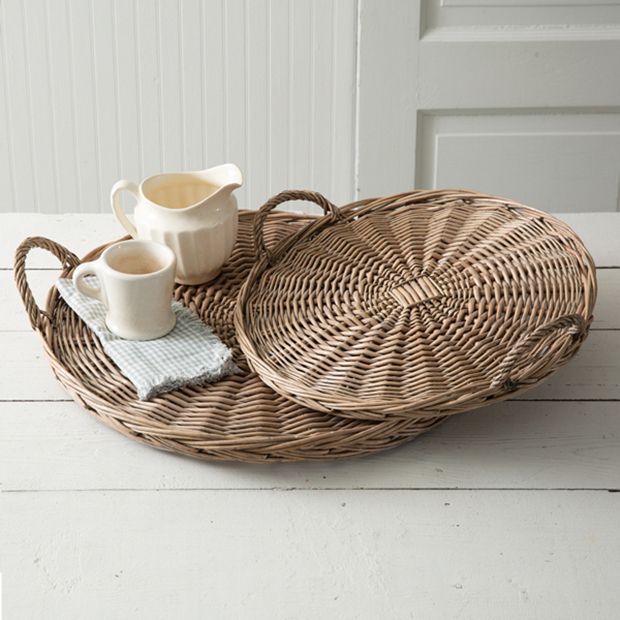 Large Round Wicker Tray With Handles Set of 2 Antique Farmhouse