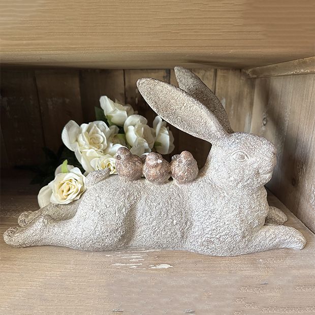 Lying Rabbit With Birds Statue | Antique Farmhouse