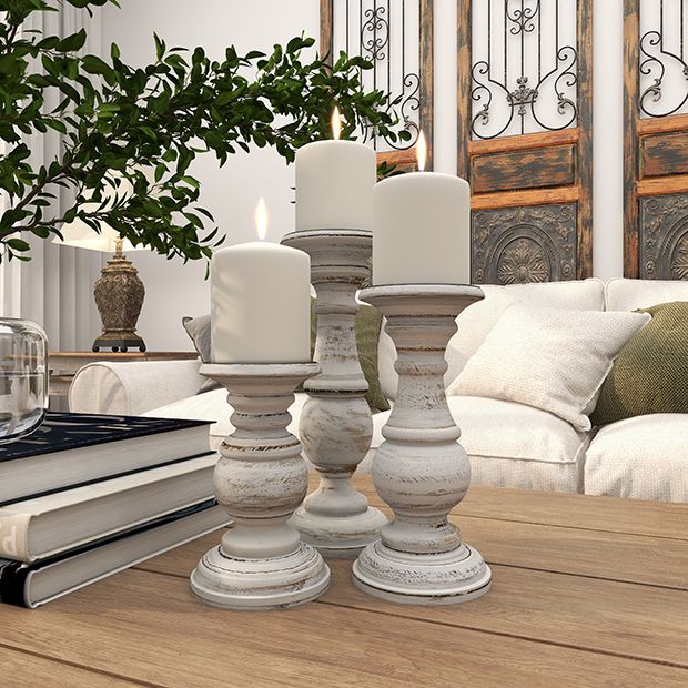 Mango Wood Candle Holders Set of 3 | Antique Farmhouse