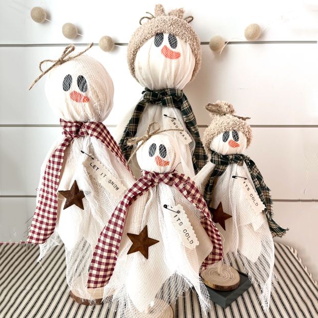 Rustic Primitive Christmas Snowmen Set of 2 Antique Farmhouse