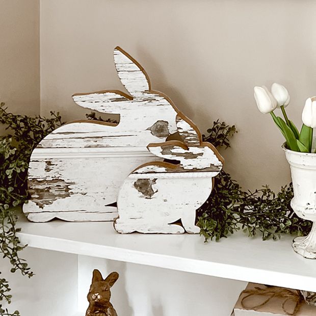 Rustic White Wood Bunny Figure Set of 2 | Antique Farmhouse