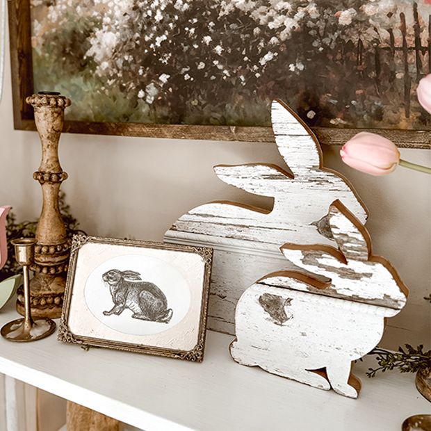 Rustic White Wood Bunny Figure Set of 2 | Antique Farmhouse