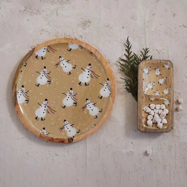 Snowman Pattern Mango Wood Tray Antique Farmhouse