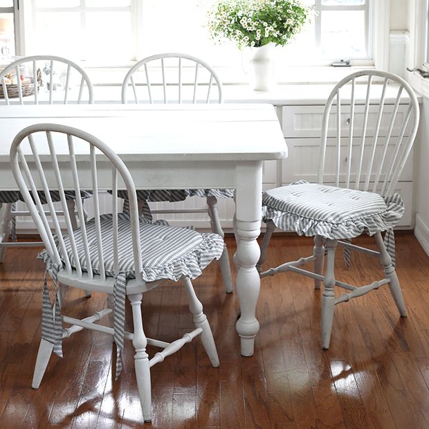 Ticking Stripe Ruffled Chair Cushion Set of 4 | Antique Farmhouse