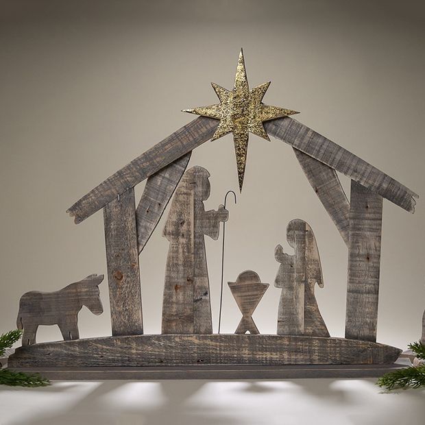 Wooden Silhouette Tabletop Nativity Scene Antique Farmhouse