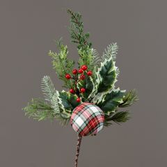 Evergreen Branch With Tartan Ball Set of 2