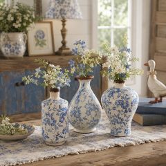 3 Piece Blue Floral Terracotta Bud Vase Collection