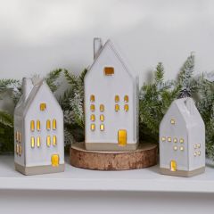 3 Piece Lighted Stoneware Village House Figurine Set