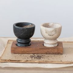 3 Piece Mango Wood Tray with Marble Bowls Set