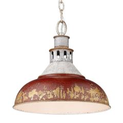 Aged Galvanized Steel With Antique Red Shade Pendant Light