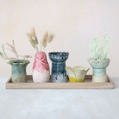 6 Piece Wooden Tray with Stoneware Vases Centerpiece Display