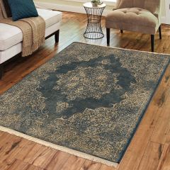 Fringed Lace Kirman Denim Area Rug