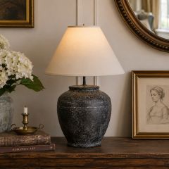 Aged Black Pottery Table Lamp With Shade