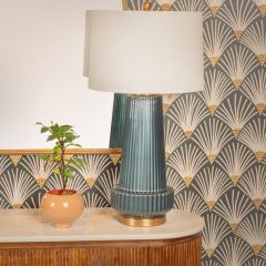 Ribbed Glass Table Lamp With Drum Shade Dark Blue