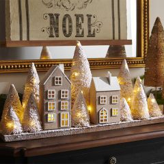 Lighted Snowy Houses with Trees