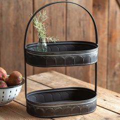 Black Galvanized Metal 2 Tier Oval Tray Stand