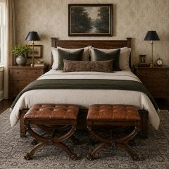 Button Tufted Brown Leather Accent Stool