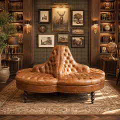 Button Tufted Brown Leather Conversation Sofa