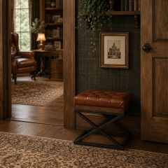 Button Tufted Brown Leather Cushion Bench