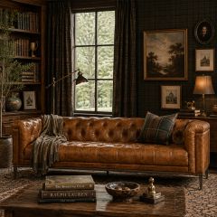Button Tufted Brown Leather Sofa | SHIPS FREE