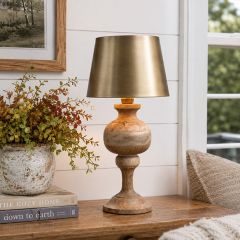 Carved Wood Base Table Lamp With Brass Shade