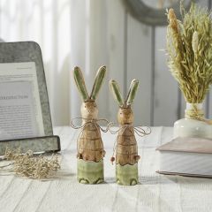 Carved Wood Skinny Bunny Figurines Set of 2
