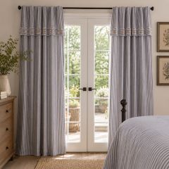 Classic Farmhouse Ticking Blue Stripe Curtain Panel Set of 2