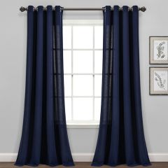 Classic Faux Linen Grommet Curtain Panel Set of 2 Navy