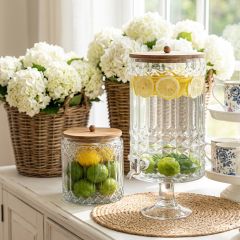 Cut Glass and Acacia Wood Kitchen Collection Beverage Dispenser