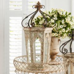 Metal Scroll Topped Wood Candle Lantern 32 Inch