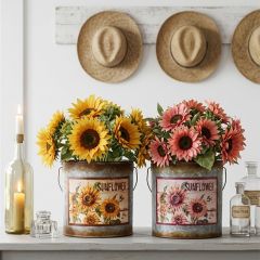 Distressed Decorative Sunflower Buckets Set of 2
