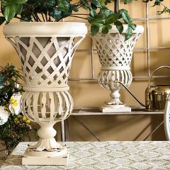 Distressed Finish Woven Metal Footed Urn