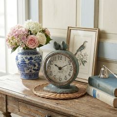 Distressed Pewter Table Clock With Birds