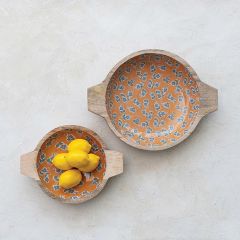 Enameled Floral Pattern Wooden Bowl Set of 2