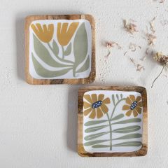 Enameled Flowers On Wood Plate Set of 2