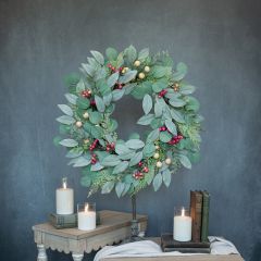 Faux Green and Pink Leaves and Berries Wreath