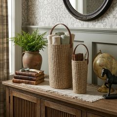 Faux Leather Handled Natural Storage Baskets Set of 2