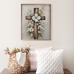 Flowers Behind Cross Whitewash Wall Art