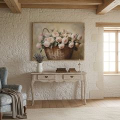 Framed Wicker Basket of Roses Horizontal Printed Canvas Wall Art