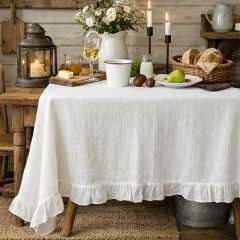 French Embroidered White Ruffled Tablecloth