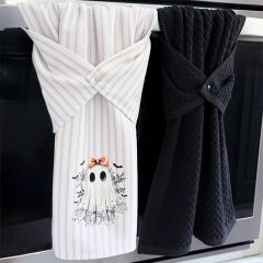 Ghost With Bow Ticking Stripe Kitchen Towel Set of 2